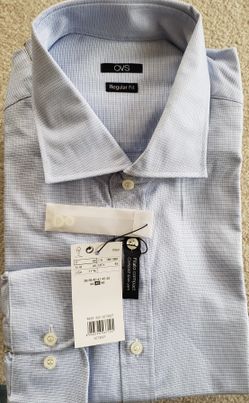 OVS mens 17 3/4 - 45 Blue Long Sleeve Cotton Dress Shirt  Regular Fit 