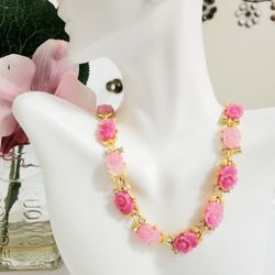 18k gold retro with pink floral flower women's ladies necklace gift