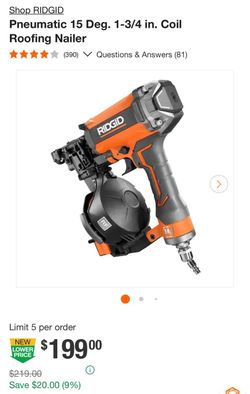 RIDGID Pneumatic 15 Deg. Coil Roofing Nailer