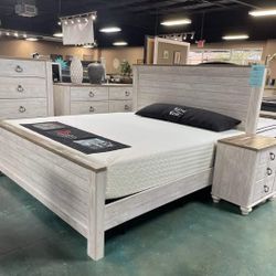Willowton Whitewash Panel Bedroom Set Queen Or King Set Bed, Dresser, Mirror, Nightstand, Chest 