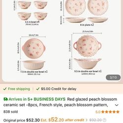 Red glazed peach blossom ceramic set -8pcs, French style, peach blossom pattern