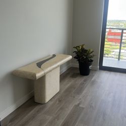 Postmodern Black and Beige Tessellated Stone Console Table With Brass Inlay