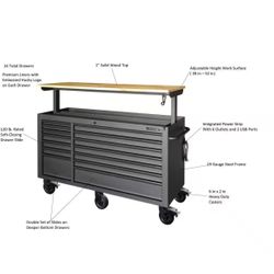 Tool Storage 62 in. W Heavy Duty Matte Black Mobile Workbench Cabinet with Adjustable Height Wood Top Retail price $1300 Your price $1100