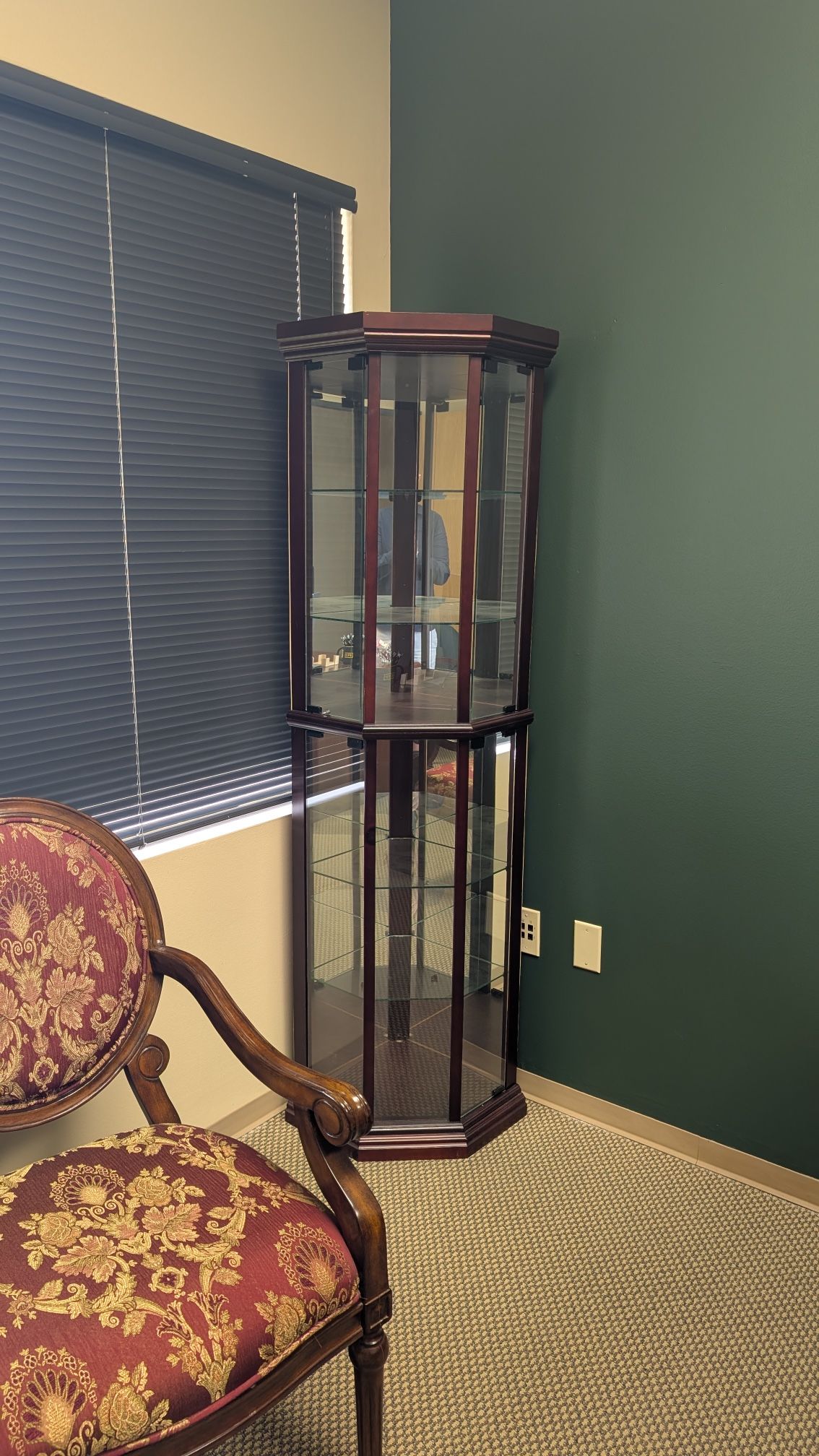Pair of Corner Curio Cabinets – Glass Shelves, Mirrored Back, Cherry Finish
