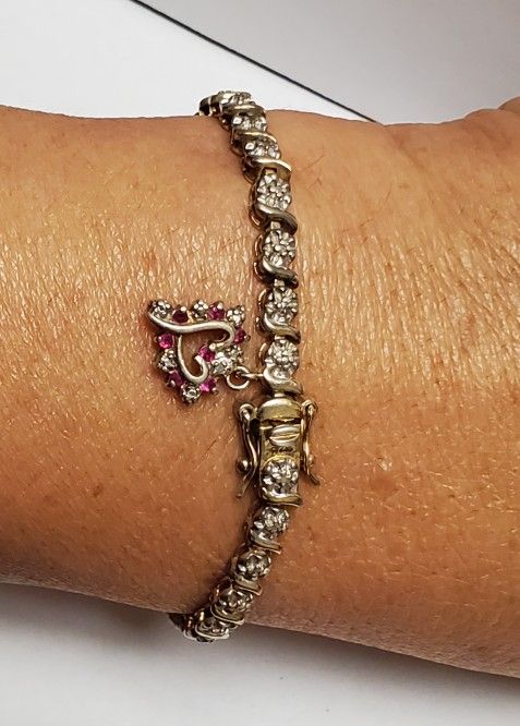 Goldtone 925 Sterling Silver Diamond Accent Ruby Heart Tennis Bracelet 7.25”