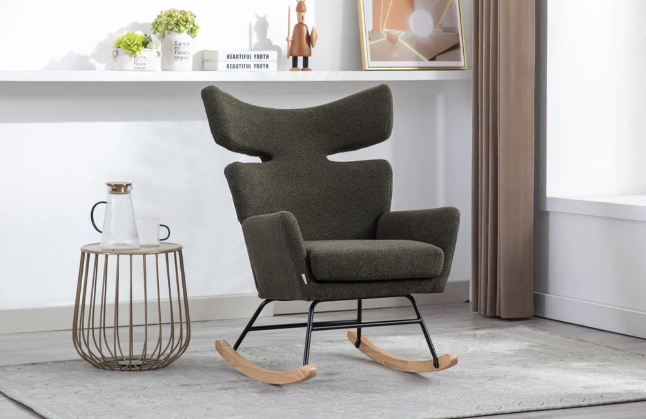 Rocking Chair, Modern Emerald Linen Rocking Chair, Fish Tail Living Room Comfortable Rocking Chair