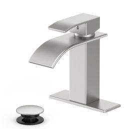 Bathroom Faucet Brushed Nickel Modern Waterfall Bathroom Sink Faucet with Single Handle Suitable for 1 or 3 Holes, Supply Deck Plate and Hose