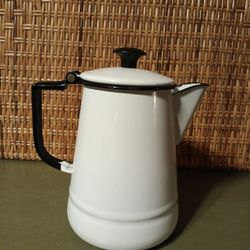 Vintage White w/Black Trim Enamelware Coffee Pot