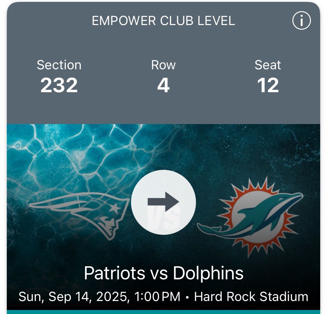 Miami Dolphins Empower Club Level Tickets (x3)