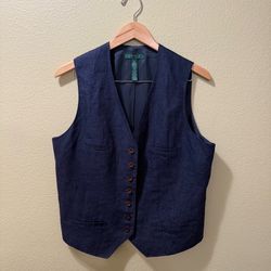 Women’s Size 16 Lauren Ralph Lauren Navy Blue 100% Linen Striped Suit Vest