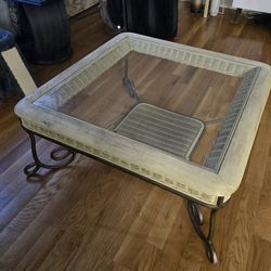 Wooden Coffee Table, Rattan Trim & Base, Wrought Iron Frame 40x40
