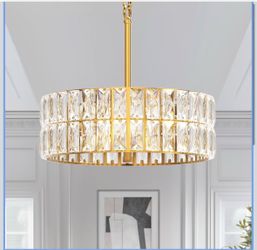 L LOHAS LED Modern Crystal Chandelier for Dining Room Light Fixture, 3-Light Height Adjustable Drum Chandelier for Living Room, Gold Round Chandelier