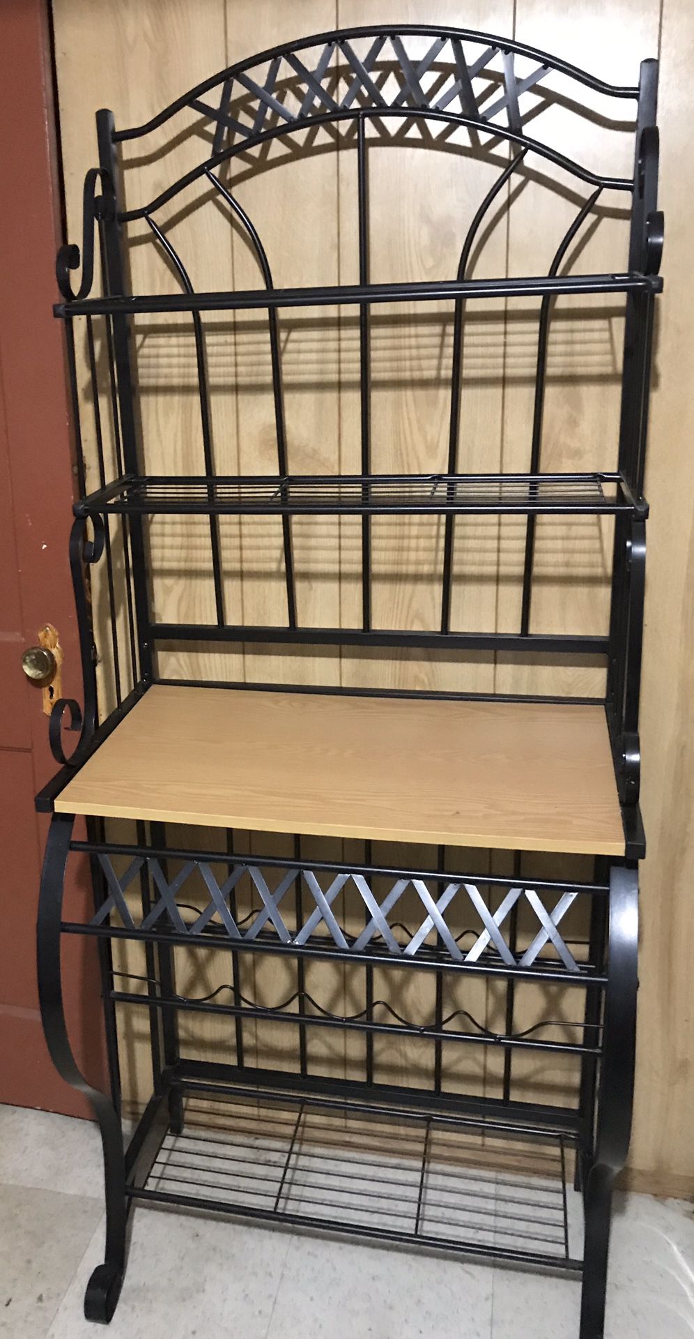 baker rack with wines holders 66” H x 16 1/2” W x 27 1/2” L