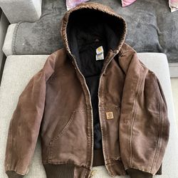 Vintage Medium Carhartt J130 Distressed Brown Hooded Jacket Faded Workwear 