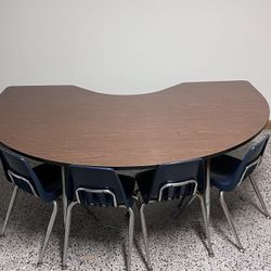 Kidney-Shaped Activity Table With Navy Blue Virco 9000 Series Stack Chairs 