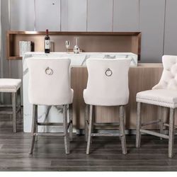 Velvet Bar Stools Modern Upholstered Bar Chairs 27'' Seat Height with Button Tufted Solid Wood Legs Counter Stools for Home Bar Dining Room Kitchen (B