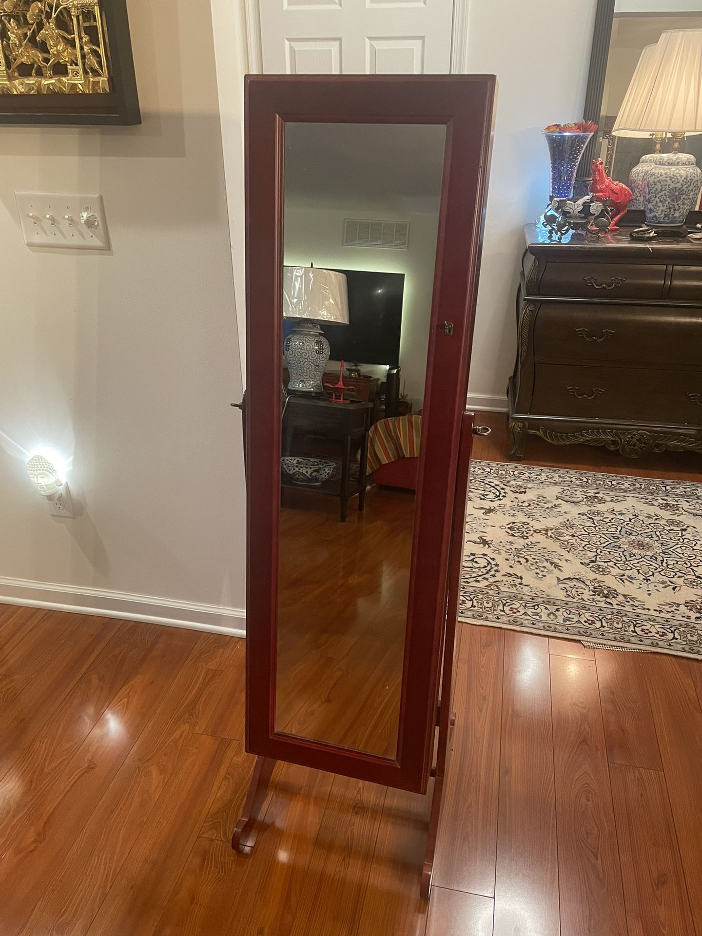 Red Jewelry Armoire Cabinet, Full Length Mirror w/ Velvet Storage Interior, Lock  Comes with key  48x15