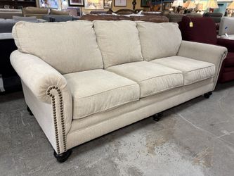 ASHLEY Milari Linen Beige Roll Arm 3-Seat Sofa w/ Nailhead Trim