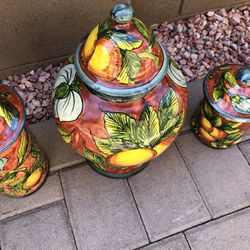 Hecho Mexico Pottery Jars W/Lid Set Of 4 Fruit Design 