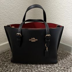 Coach Leather Tote Bag – Black with Red Interior (Like New)
