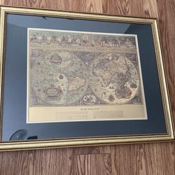 Vintage Blaue Wall Map Of The World Gold Foiled Nova Totivs Orbis Tabvla Framed 31”x24.5”