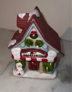 Illuminated Christmas Village Ice Cream Shop House Ceramic Hand Painted Snowman
