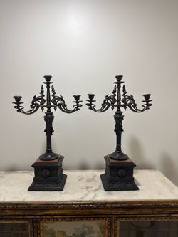 Pair of Antique Bronze Five-Arm Candelabras