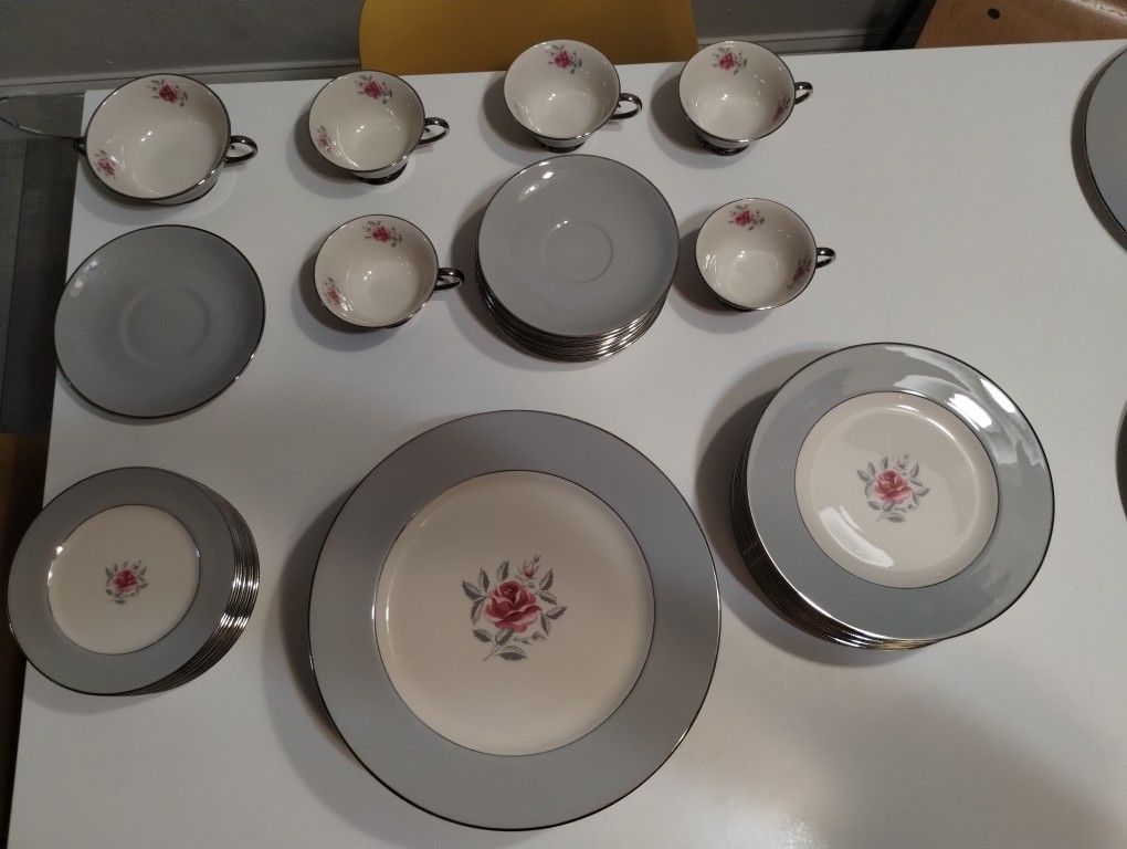 Vintage Flintridge China Set | Miramar Pattern | Pink Rose | Platinum Rim