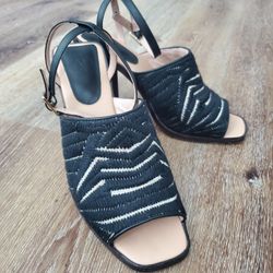 AD & Daughters Haddix Square Toe Ankle Strap Black/Natural Dress Sandals 7.5 US