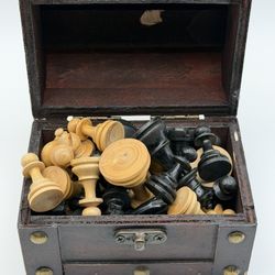 Vintage Handcrafted Mini Wooden Chess Set With Handmade Mini Steamer Chest