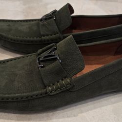 Louis Vuitton LV Dark Green Suede Silver Bit Shoes Loafers Men's 