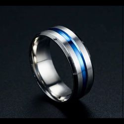 Brand New Mens Titanium  Comfortable Fitting Stunning Blue Iron Line Then High Shine Finish Wedding Band 