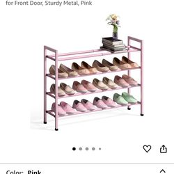 Bumusty 4-Tier Expandable Shoe Rack for Closet, 18“-33” Adjustable Shoe Rack for Small Space, Small Shoe Organizer for Front Door, Sturdy Metal, Pink