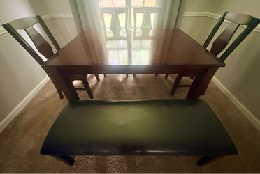 🏷️ Ashley Furniture/Signature Design Dining Set, 4 Chairs and Bench - Dark Cherry