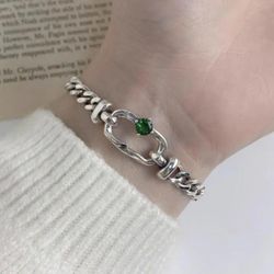 925 sterling silver women's lady's green stone chain bracelet gift
