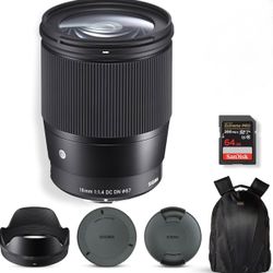 Sigma 16mm f/1.4 DC DN Contemporary Lens for Sony E | APS-C Format, Super Multi-Layer Coating, Weather-Sealed, 64GB Extreme PRO Memory Card, and Camer