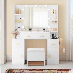  White Luxurious Modern 9 LED Lights Vanity Desk Makeup Dressing Table Set Stool with Lighted Mirror and Power Outlets Storage Drawers Dresse