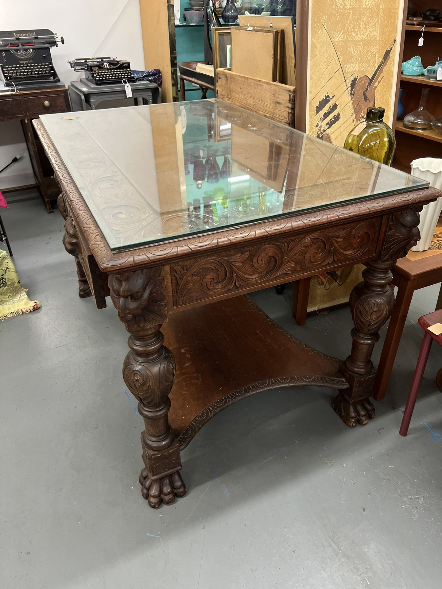 Antique Library Table Beautifully Carved Wood Piece