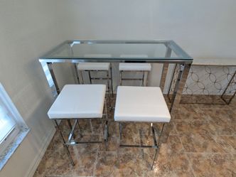 Modern Glass Dining Table Set with 4 White Chrome Stools