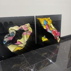 Pair of lighted contemporary art sculptures inspired by "Wrapping" techniques, similar to the "Wrapping Candy" sculptures - 40” x 40” - Originally $45