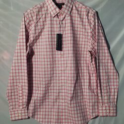 Banana Republic Mens Non-Iron Color Pink/Red Plaid Slim Fit Button Down 