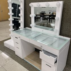 Complete Set $1,150. Glass Table Top With Mirror, Stool. & Tall Mirror Set. 