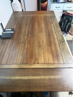Solid wood dining table upholstered bench and 4 chairs