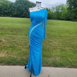 Women’s blue lace mermaid one sleeve half dress opening Size Small