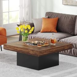 35.4-Inch Square Coffee Table with LED Light, Modern Wood Coffee Table, Large Center Table, Rustic Brown & Black