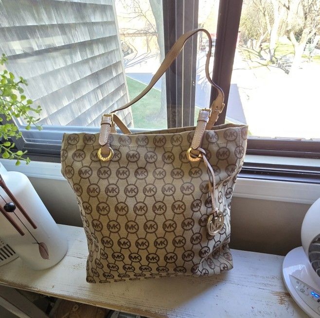 Michael Kors Women's Khaki Canvas Monogram Large Tote Bag With Leather Straps