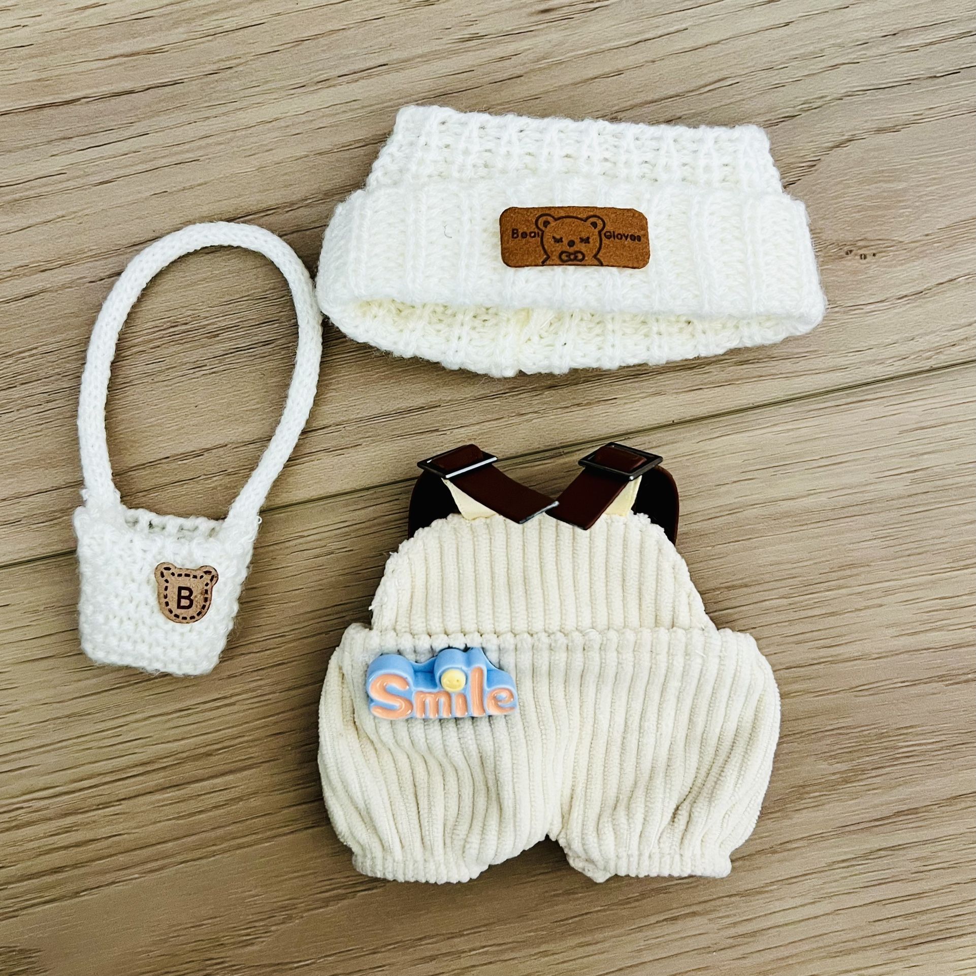 Labubu Outfits / Clothes - Complete Set - Overall, Beanie And Purse / Shoulder Bag - Cream / Beige & Brown / Neutral