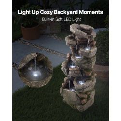 VEVOR Outdoor Water Fountain, 38.98 in Height Fountain and Waterfall, 7-Tier Floor Standing Rock-Shaped Cascading Fountains with LED Light and Pump, f