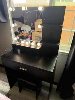Black Vanity Desk with Lighted Mirror