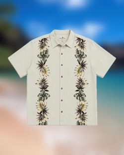 Island Shores Men’s XL Beige Floral Hawaiian Button-Up Shirt Short Sleeve